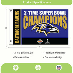 Baltimore Ravens 3X Superbowl Champions Football 3x5 Flag