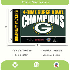 Green Bay Packers 4X Superbowl Champions Football 3x5 Flag