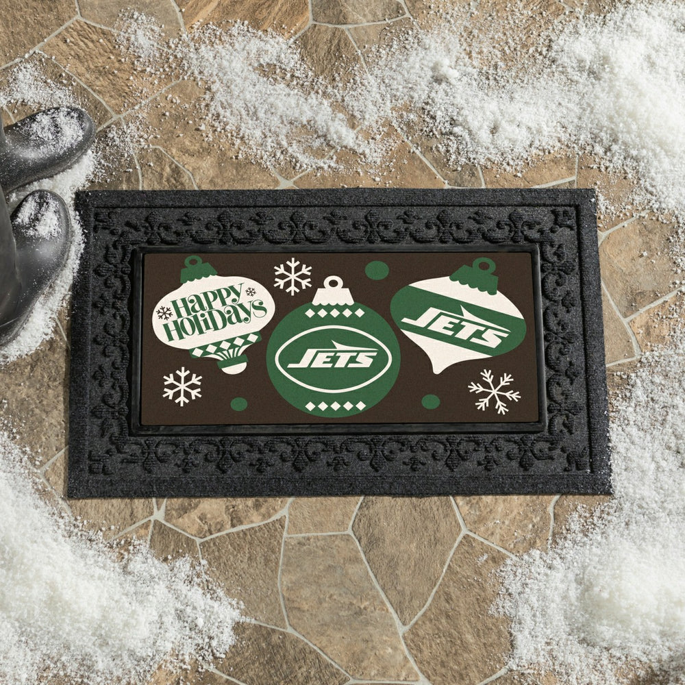 New York Jets Holiday Flocked Coir Sassafras Switch Mat, 22"x10"