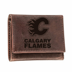 Calgary Flames, Tri-Fold Wallet, Brown, CH, 100% Genuine Leather