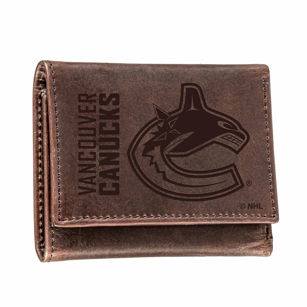 Vancouver Canucks, Tri-Fold Wallet, Brown, CH, 100% Genuine Leather