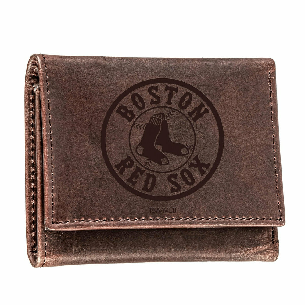 Boston Red Sox Tri-Fold Wallet Brown 100% Genuine Leather