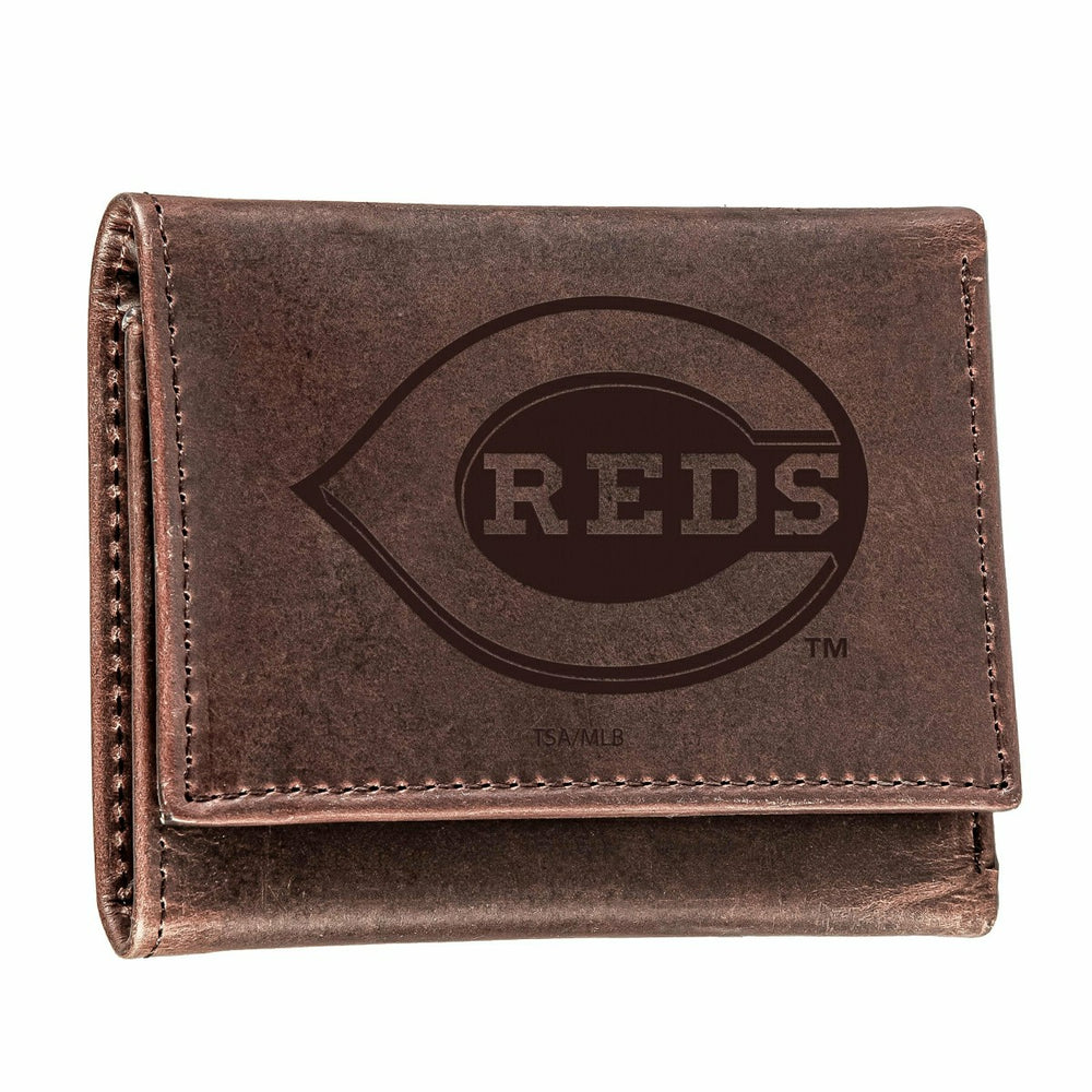 Cincinnati Reds Tri-Fold Wallet Brown 100% Genuine Leather