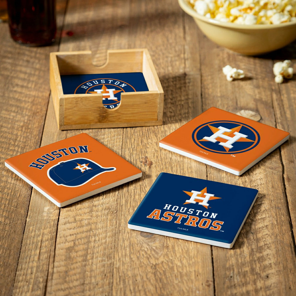 Houston Astros Ceramic Coasters Set, 4pcs with Wood Caddy
