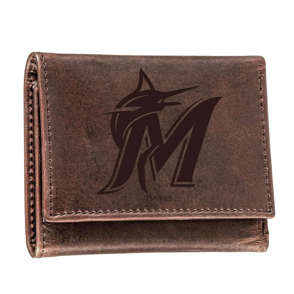 Miami Marlins Tri-Fold Wallet Brown 100% Genuine Leather