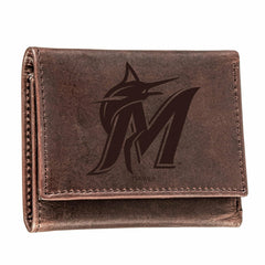 Miami Marlins Tri-Fold Wallet Brown 100% Genuine Leather