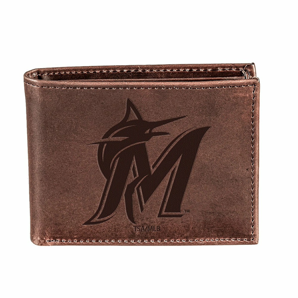 Miami Marlins Bi-Fold Wallet Brown 100% Genuine Leather