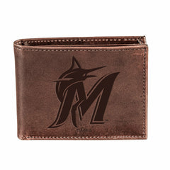 Miami Marlins Bi-Fold Wallet Brown 100% Genuine Leather