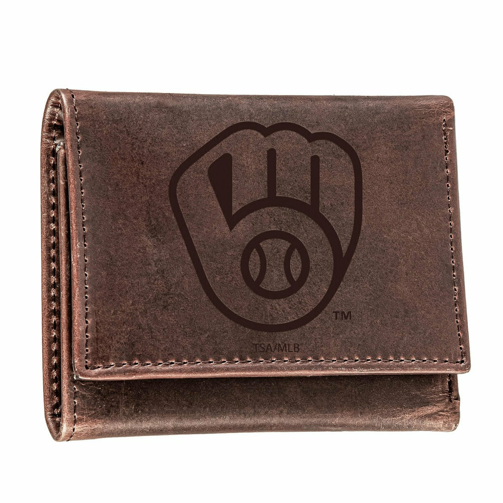 Milwaukee Brewers Tri-Fold Wallet Brown 100% Genuine Leather