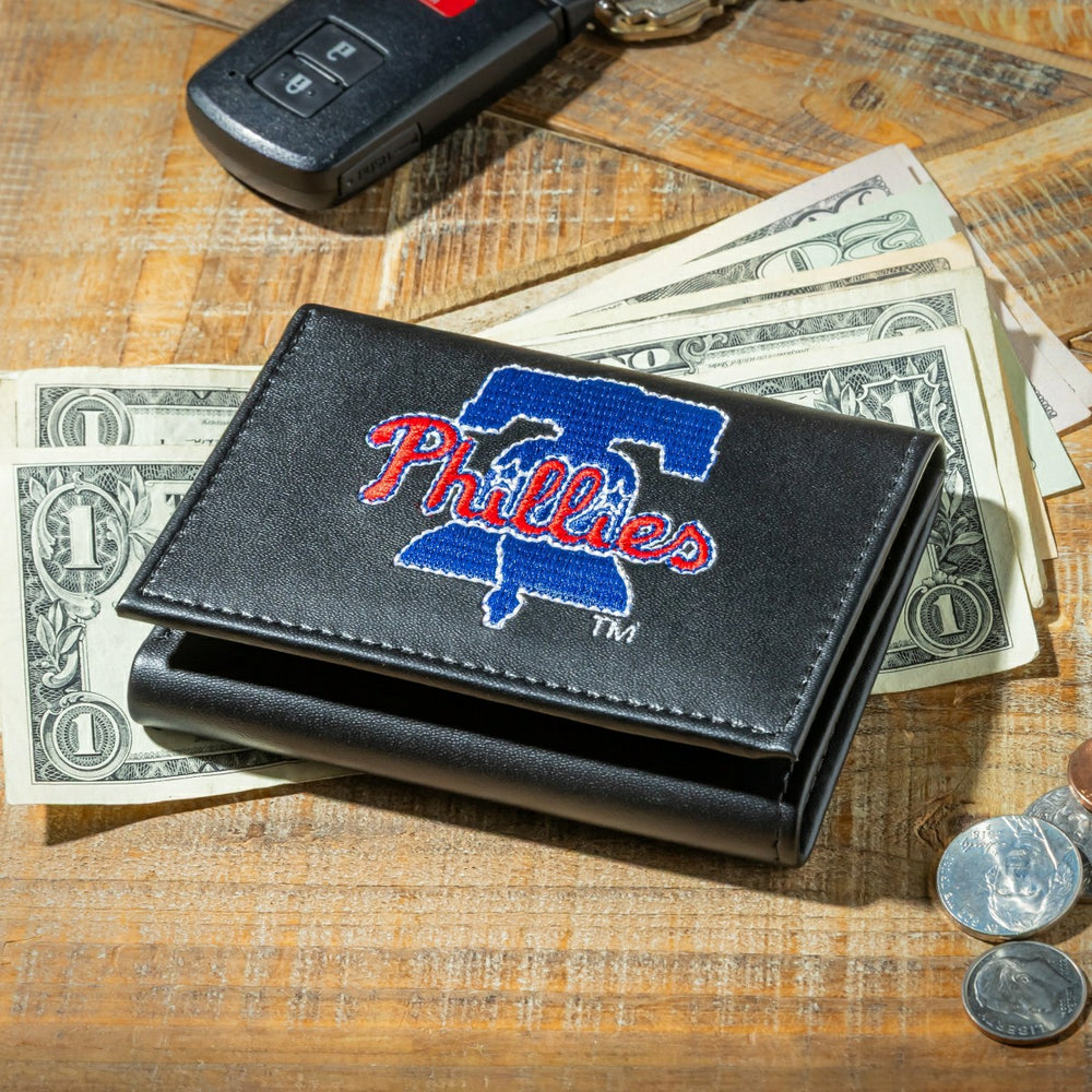 Philadelphia Phillies Black Tri-Fold Embroidered Wallet w/ RFID Blocking