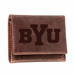 Brigham Young University, Tri-Fold Wallet, Brown, CH, 100% Genuine Lea