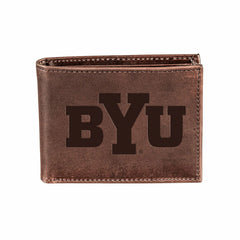 Brigham Young University, Bi-Fold Wallet, Brown, CH, 100% Genuine Leat