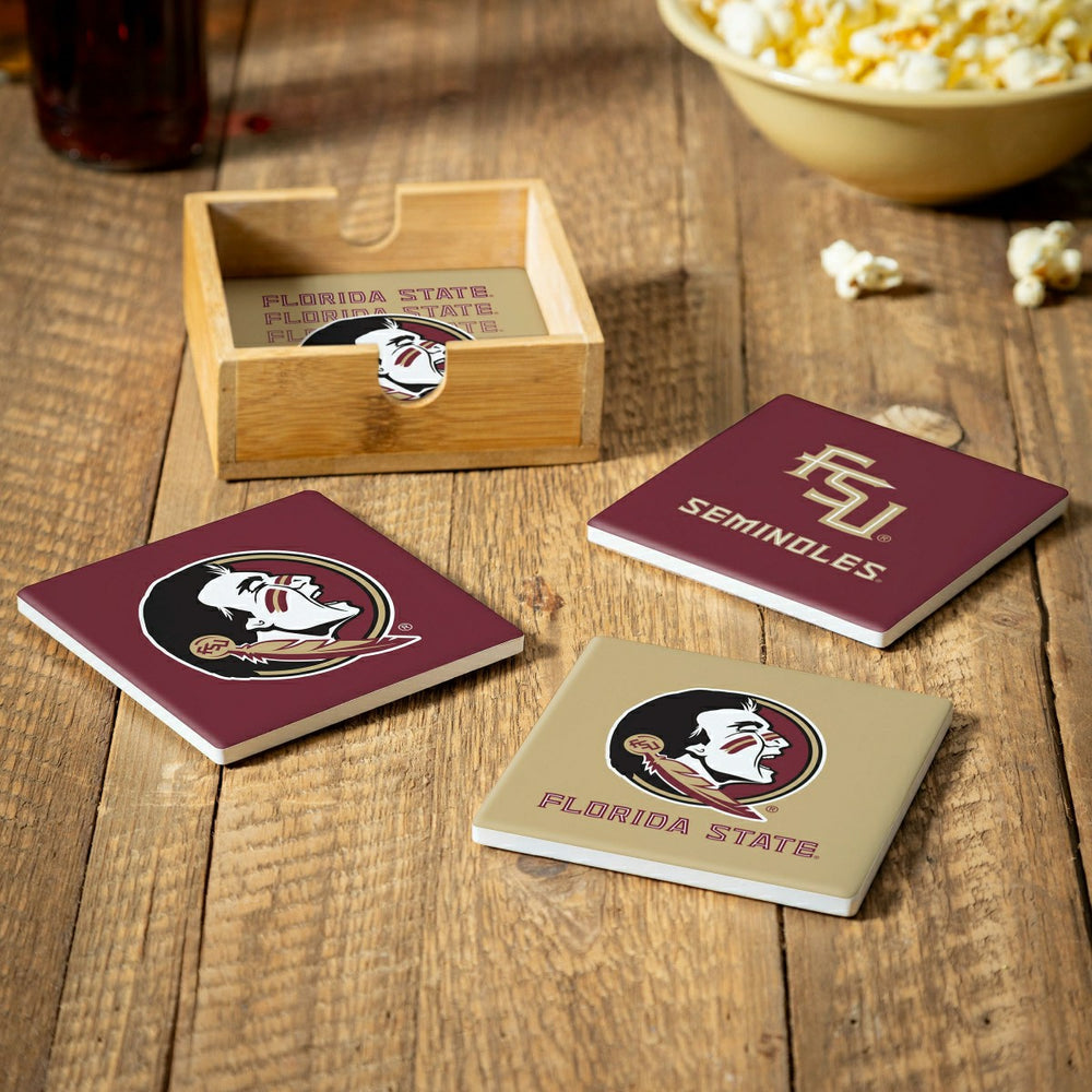 Florida State University Ceramic Coasters Set, 4pcs with Wood Caddy