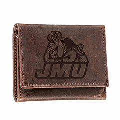 James Madison University, Tri-Fold Wallet, Brown, CH, 100% Genuine Lea