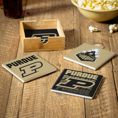 Purdue University Ceramic Coasters Set, 4pcs with Wood Caddy