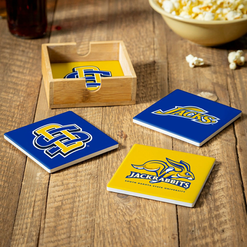 South Dakota State University Ceramic Coasters Set, 4pcs with Wood Cad