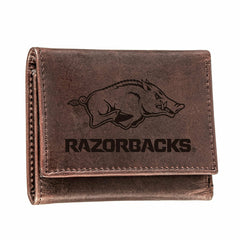University of Arkansas, Tri-Fold Wallet, Brown, CH, 100% Genuine Leath
