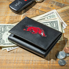 University of Arkansas Black Tri-Fold Embroidered Wallet w/ RFID Blocking