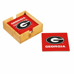 University of Georgia Ceramic Coasters Set, 4pcs with Wood Caddy