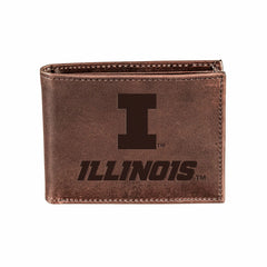 University of Illinois, Bi-Fold Wallet, Brown, CH, 100% Genuine Leathe