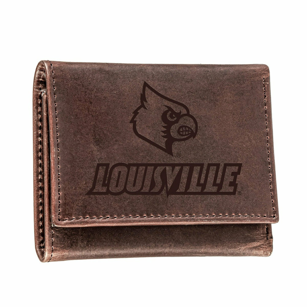 University of Louisville, Tri-Fold Wallet, Brown, CH, 100% Genuine Lea