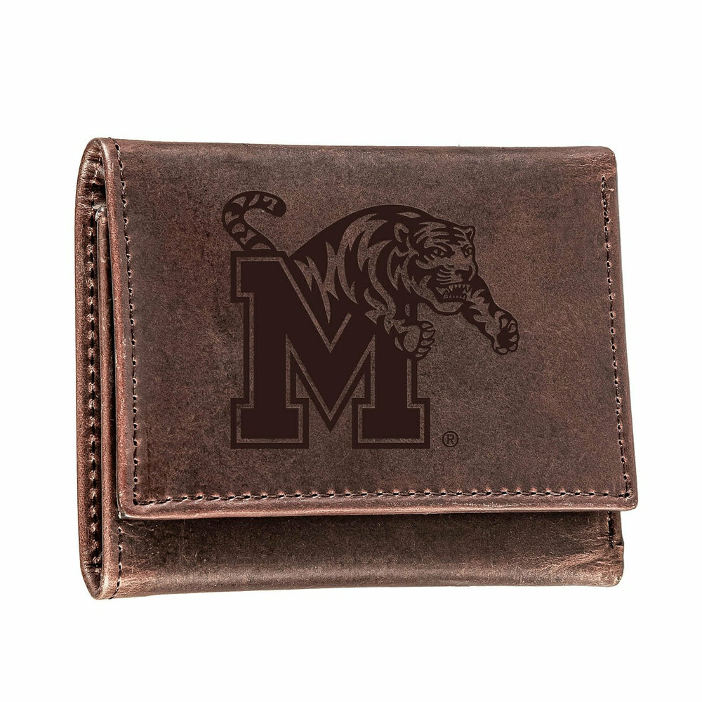 University of Memphis, Tri-Fold Wallet, Brown, CH, 100% Genuine Leathe
