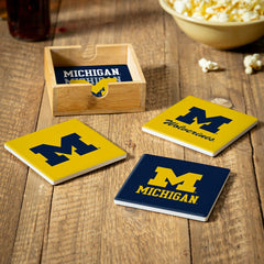 University Of Michigan Ceramic Coasters Set, 4pcs with Wood Caddy