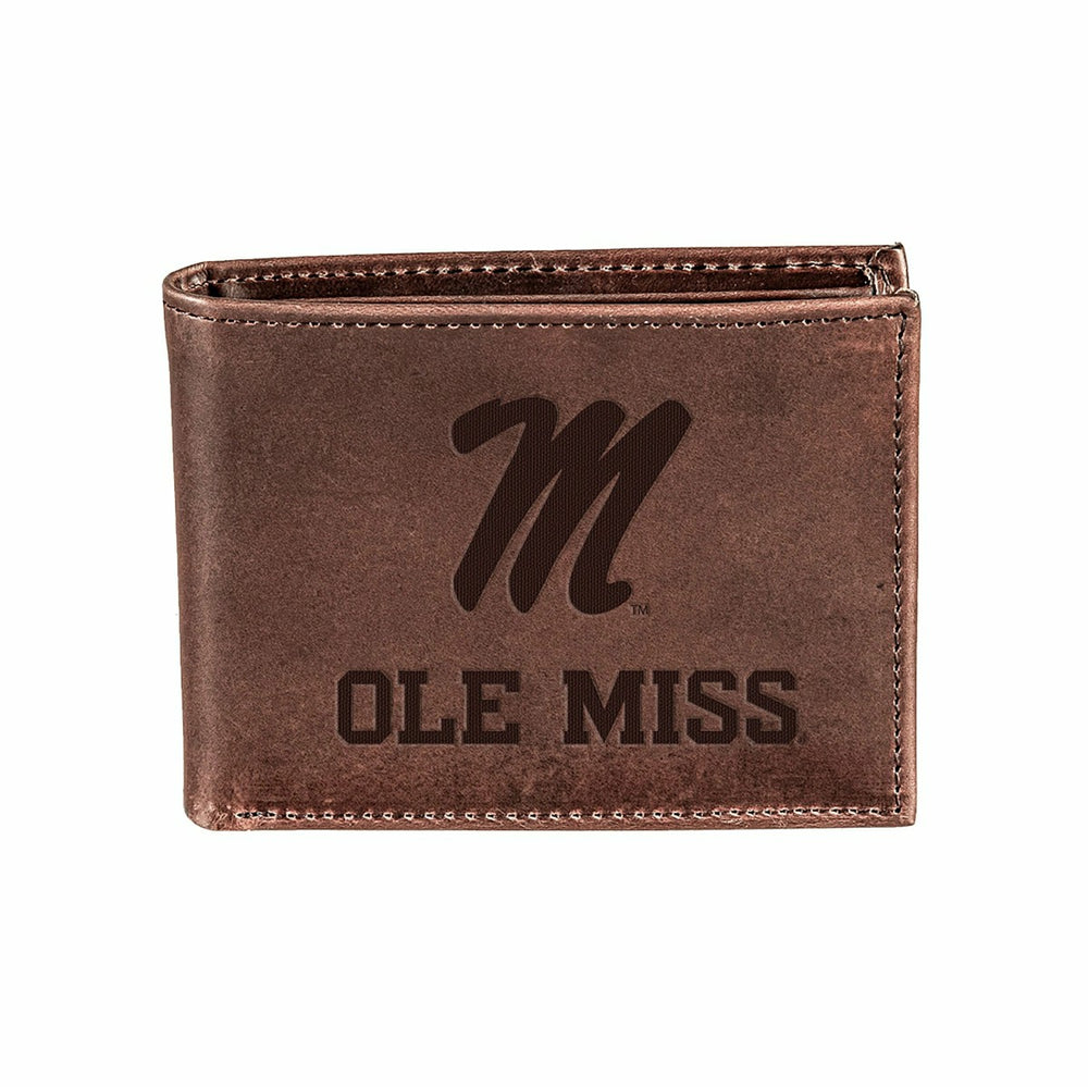 University of Mississippi, Bi-Fold Wallet, Brown, CH, 100% Genuine Lea