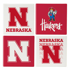 University of Nebraska Ceramic Coasters Set, 4pcs with Wood Caddy
