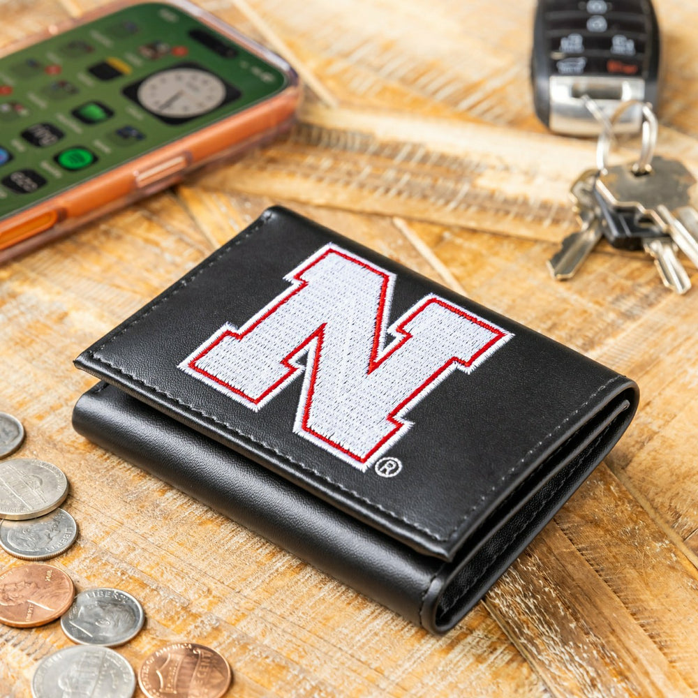 University of Nebraska Black Tri-Fold Embroidered Wallet w/ RFID Blocking