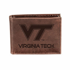 Virginia Tech, Bi-Fold Wallet, Brown, CH, 100% Genuine Leather