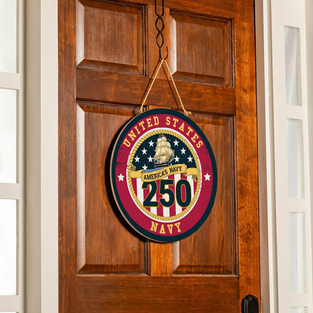 US Navy, 250th Anniversary Round Door Décor with Hanging Rope, 18x18