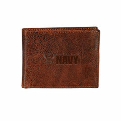 US Navy, Embossed 100% Genuine Tumbled Leather Passcase Bi-Fold Wallet