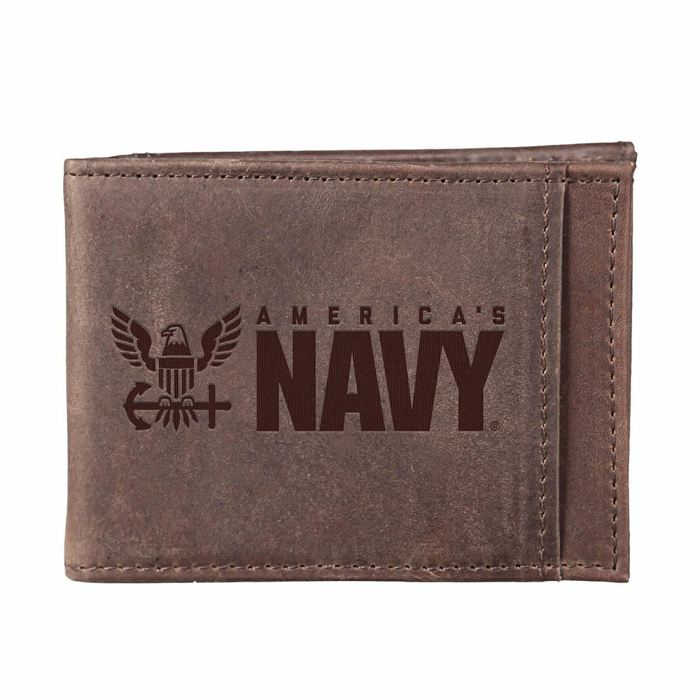 US Navy Brown Front Pocket Wallet with RFID Blocking, 100% Genuine Lea