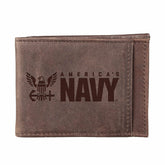 US Navy Brown Front Pocket Wallet with RFID Blocking, 100% Genuine Lea