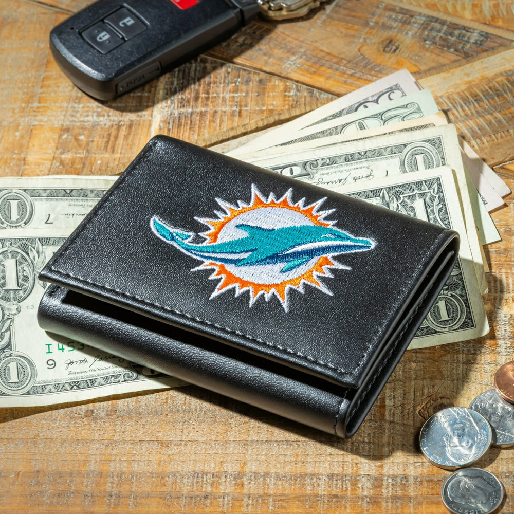 Miami Dolphins Black Tri-Fold Embroidered Wallet