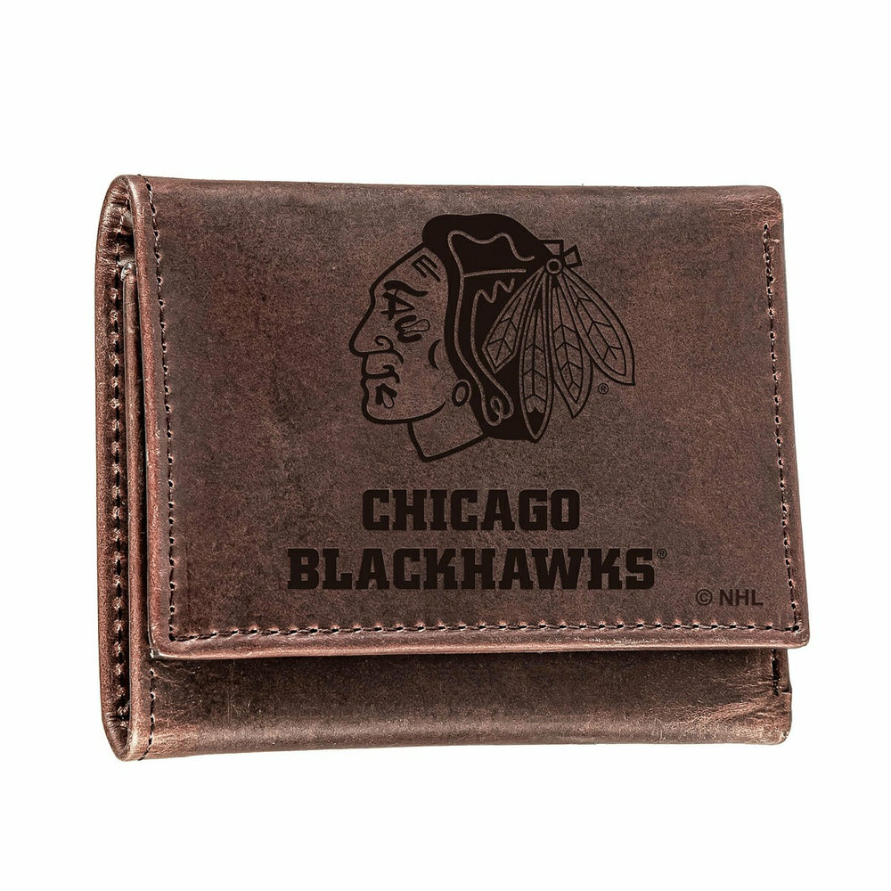 Chicago Blackhawks, Tri-Fold Wallet, Brown, CH, 100% Genuine Leather