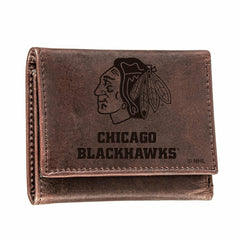 Chicago Blackhawks, Tri-Fold Wallet, Brown, CH, 100% Genuine Leather