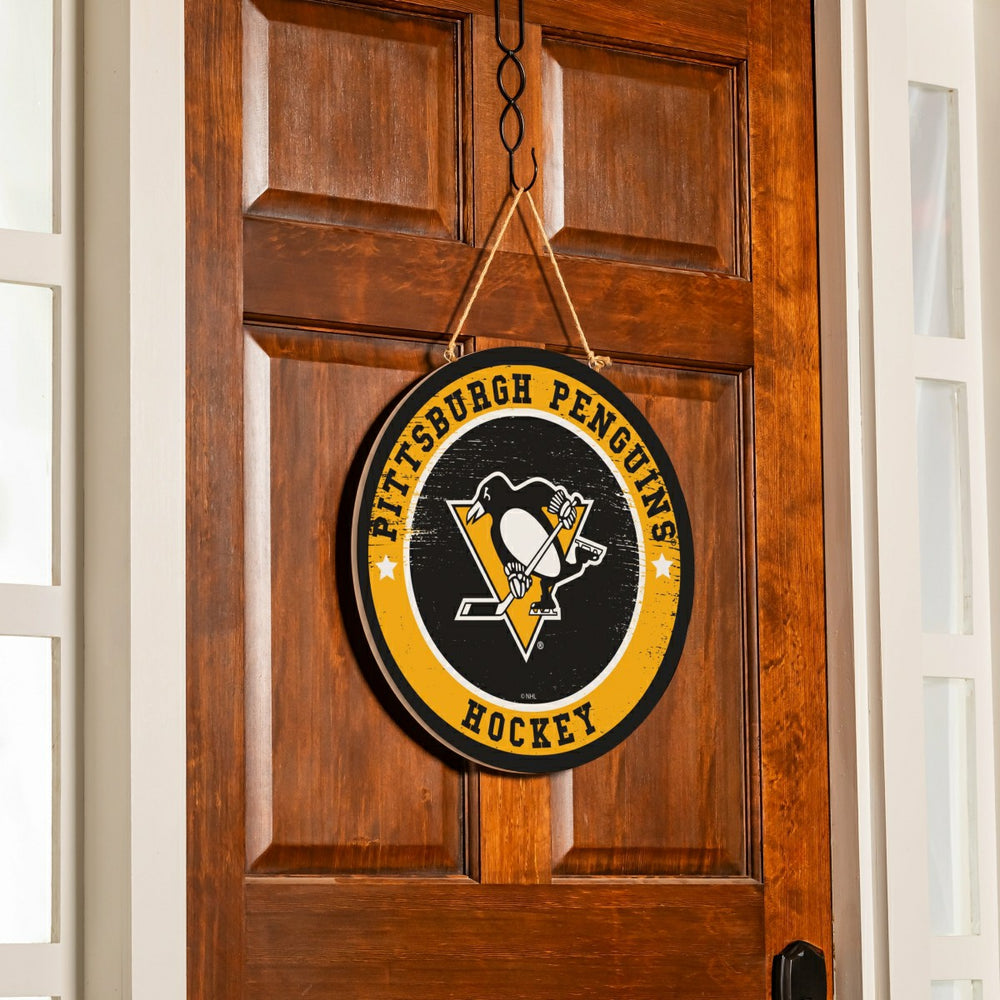 Pittsburgh Penguins Round Door Décor with Hanging Rope, 18x18