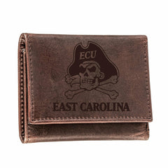 East Carolina University, Tri-Fold Wallet, Brown, CH, 100% Genuine Lea