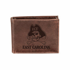 East Carolina University, Bi-Fold Wallet, Brown, CH, 100% Genuine Leat