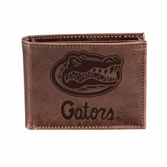 University of Florida, Bi-Fold Wallet, Brown, CH, 100% Genuine Leather