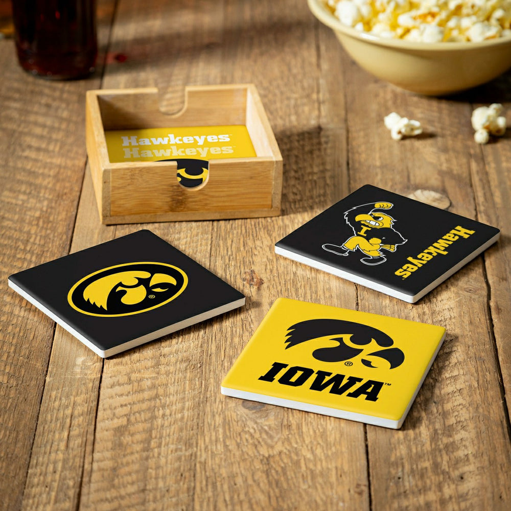 University of Iowa Ceramic Coasters Set, 4pcs with Wood Caddy