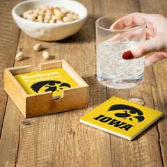 University of Iowa Ceramic Coasters Set, 4pcs with Wood Caddy