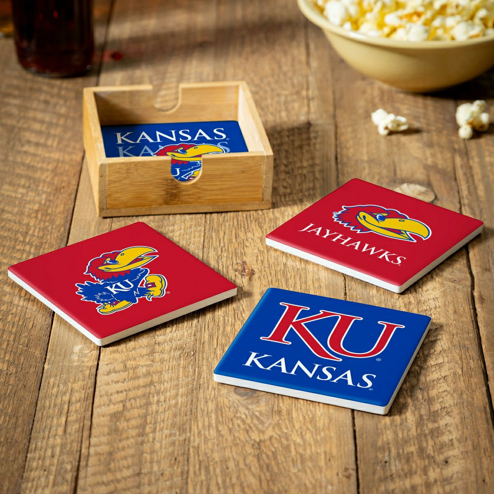 University of Kansas Ceramic Coasters Set, 4pcs with Wood Caddy