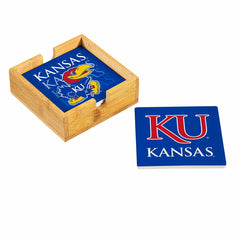 University of Kansas Ceramic Coasters Set, 4pcs with Wood Caddy