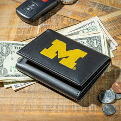 University Of Michigan Black Tri-Fold Embroidered Wallet w/ RFID Blocking