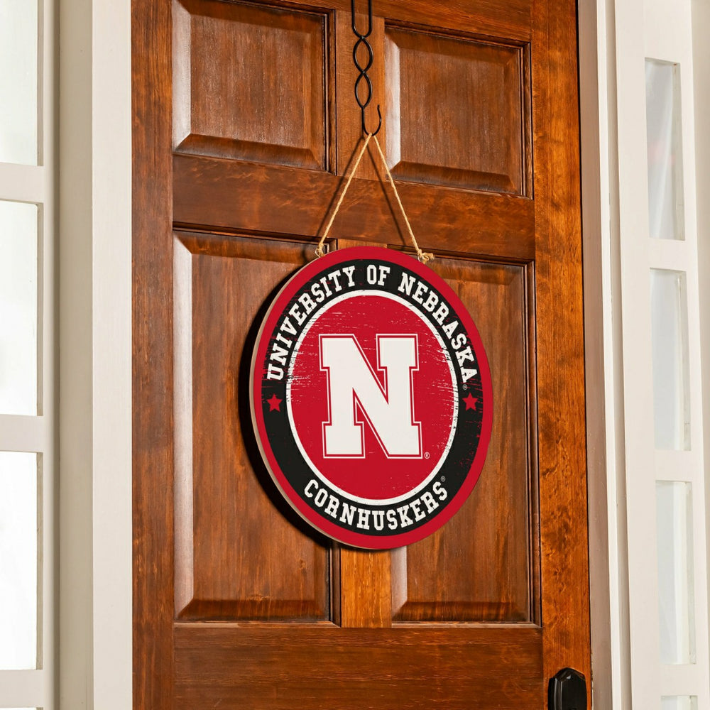 University of Nebraska Round Door Décor with Hanging Rope, 18x18