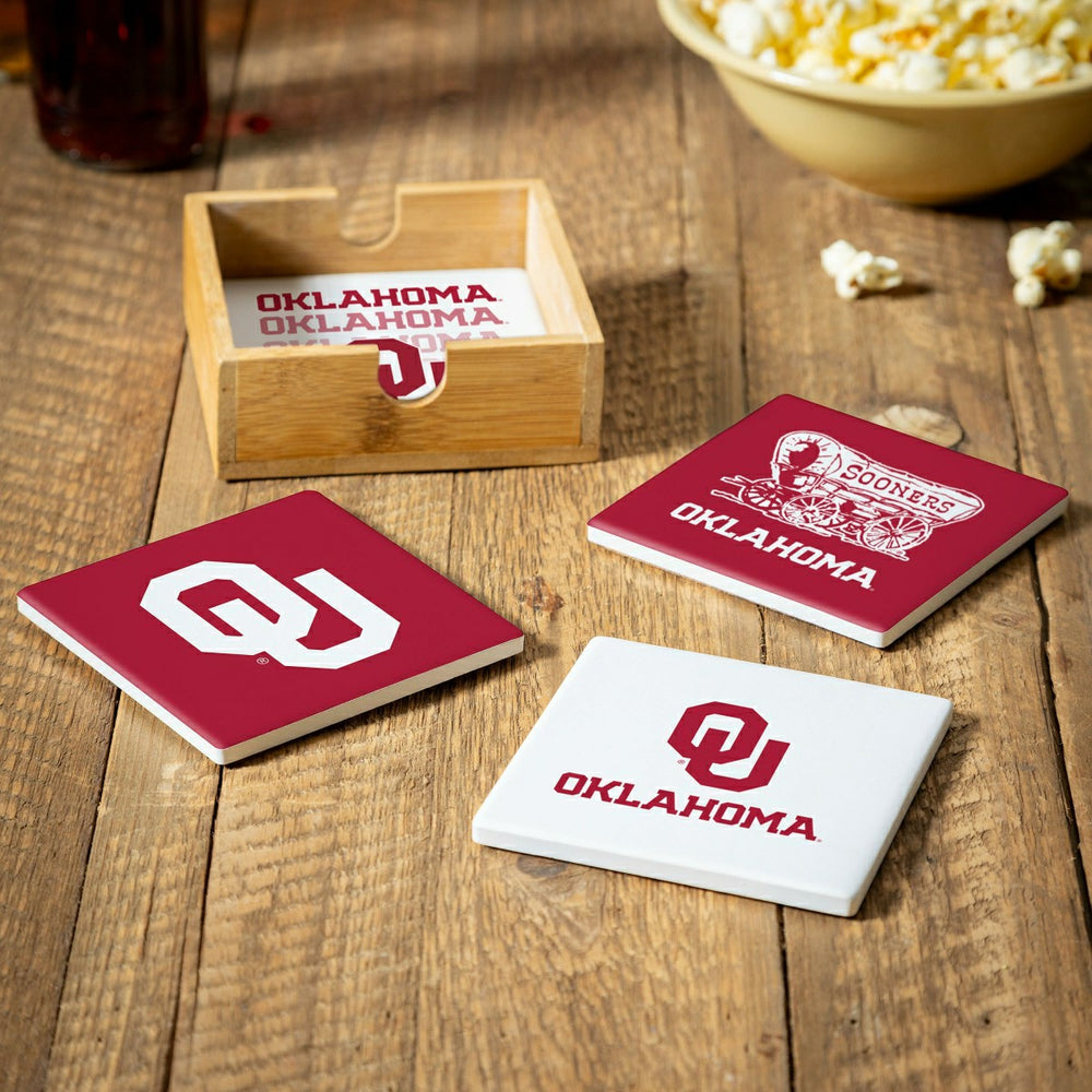 University of Oklahoma Ceramic Coasters Set, 4pcs with Wood Caddy