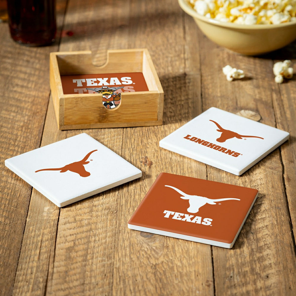 University of Texas Ceramic Coasters Set, 4pcs with Wood Caddy